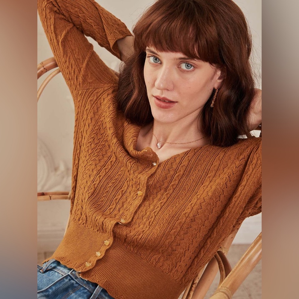 Simple Retro Scallop Trim Cable Knit Cardigan Sweater